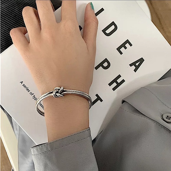Knot Sterling Silver Bangle Cuff Bracelet, Elegant Matching Ring Set - Picture 9 of 15